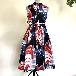 Talbots Fit & Flare Shirt Dress Sz 8 Abstract Geometric Nautical Red White Blue